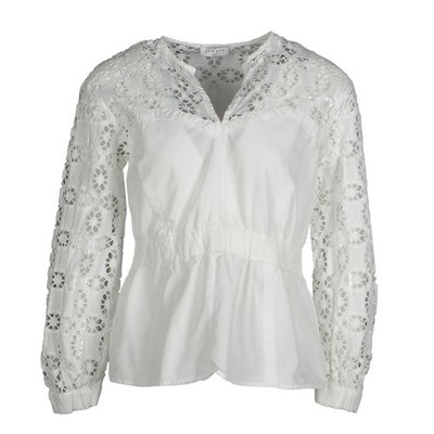 Sandro Paris Damen Bluse Weiß Spitze Baumwolle V-Ausschnitt Langarm Oberteil Gr. 0 XS