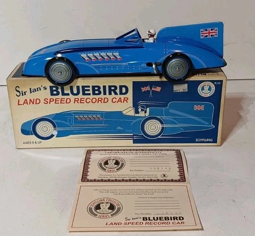 Schylling Wind-up Tin Bluebird Land Speed Record Car. Car Is MINT. Box Has Wear