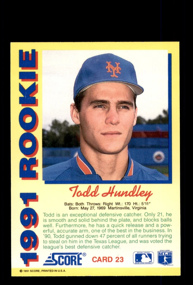 Signed Baseball Card Auto Todd Hundley 1991 Score Rookies #23 New York Mets - Image 2 of 2