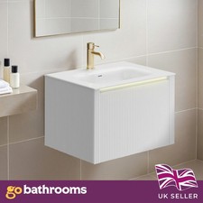 600mm Matt White Fluted Wall Hung Vanity Unit with Resin Basin LED Sensor Light