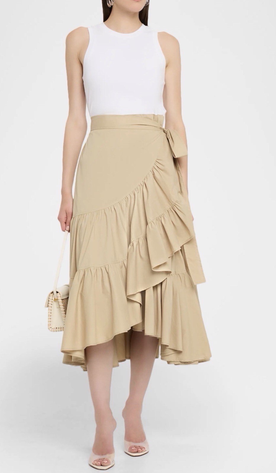 New Cinq à Sept Mahlia Midi Sleeveless Tiered Dress In White Khaki Size L $395