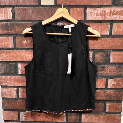BCBGeneration Black Linen Rayon Sleeveless Pom Pom Tank Top S TCC1297614-001