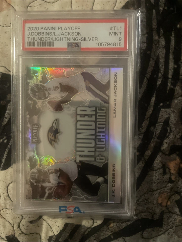 2020 POP 2👈PANINI🏈LAMAR JACKSON/JK DOBBINS#TL1 THUNDER & LIGHTNG SILVER👈PSA 9 - Image 2 of 3