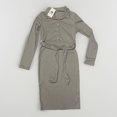 NWT Small Estampados Grey Shirt Dress Ribbed Pearl Snaps Waist Tie Long sleeve