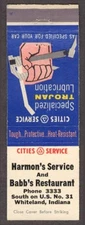 Harmon's Cities Service Babb's Whtieland IN matchcover