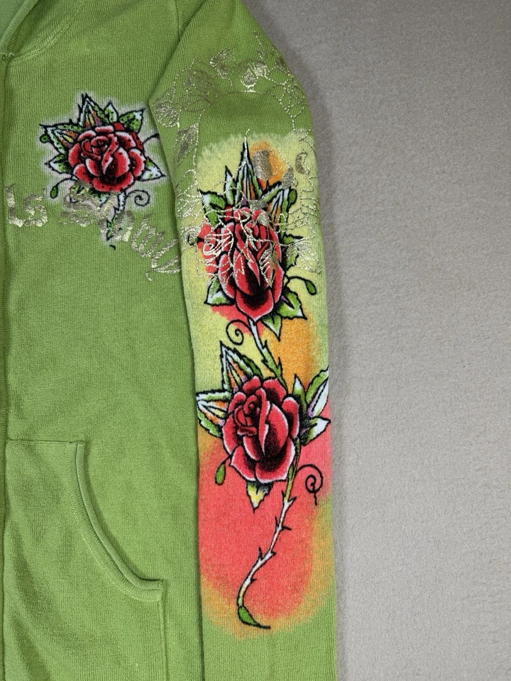 Sudadera con Capucha Ed Hardy Love Kills Slowly Cremallera Talla S Diamantes de Imitación Tatuaje Y2K De Colección Verde Foto 3 de 4