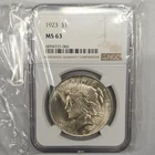 1923 Peace Dollar $1 Silver, Philadelphia, NGC MS 63 Cert #6094555-066