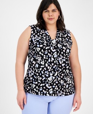 Kasper Plus Size Sleeveless Printed Knot-Front Tank Women's 1X Black Multicolor