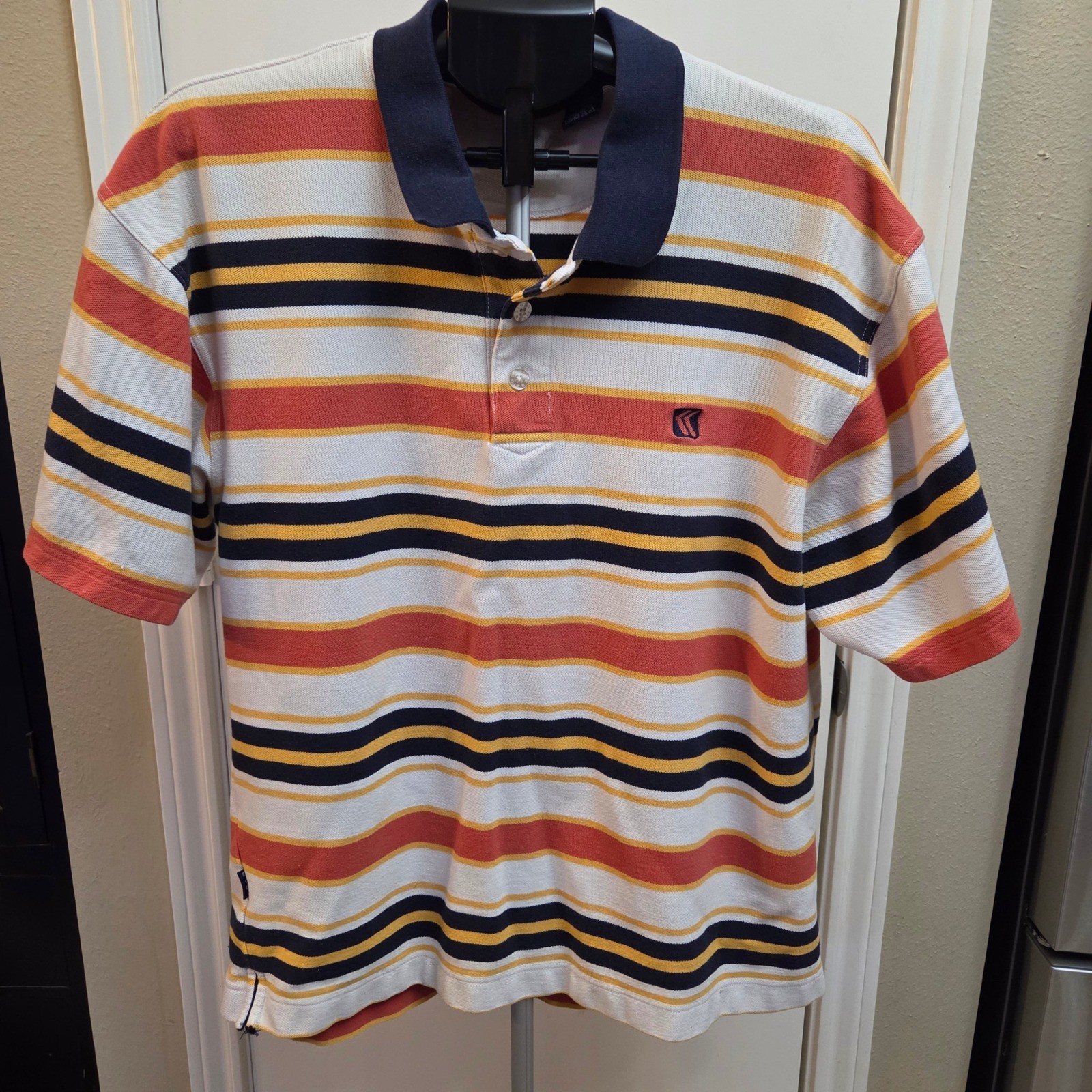 Karl Kani Vintage 90s Striped Polo Shirt Mens XXL Orange Yellow Navy White Pique