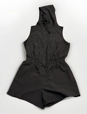 Rae Mode Women's Black Hooded Cargo One-Piece Sleeveless Pockets Shorts Romper L