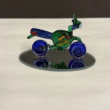 Miniature MOTORCYCLE Glass Figurine Green Blue Mirror Base Lampwork By Wamana