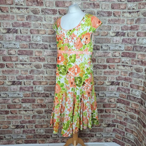 Per Una Midi Dress Green Pink Floral UK 14 Cotton Fit Flare Lined - Picture 6 of 13