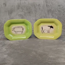 HomArt 2pc Decorative Appetizer Plates Green Rectangular Cow Pig 6.7"