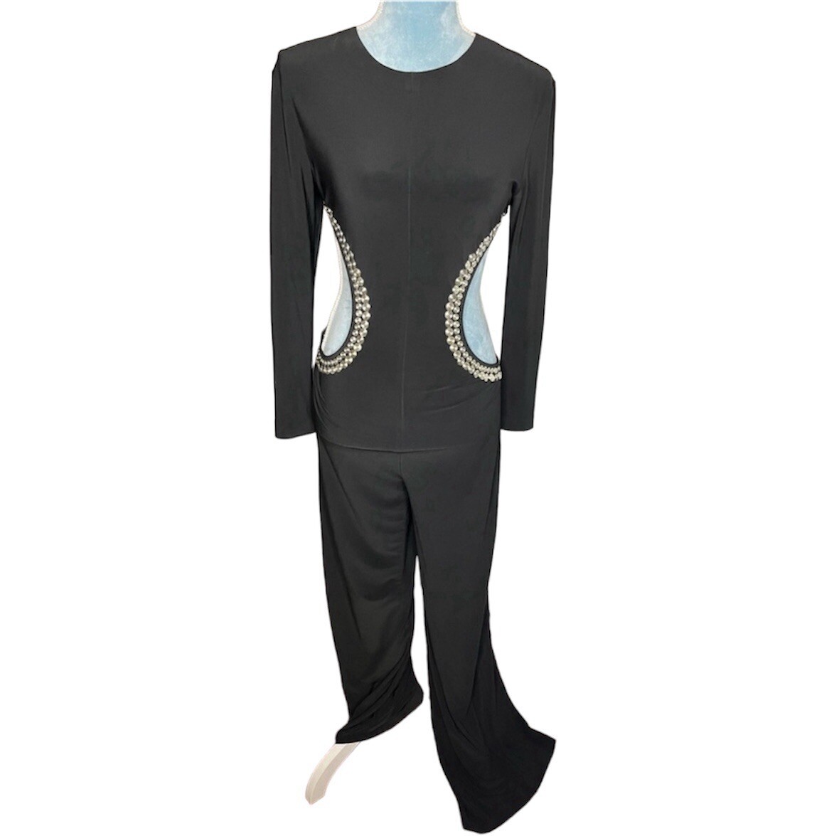 ワンピース NORMA KAMALI KK421JSL404001 Overalls Jumpsuit with studs SPLICED STRAIGHT LEG JUMPSUIT – Black/Nude Mesh – Norma Kamali