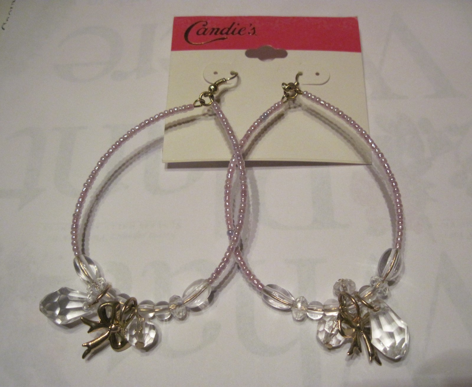 Gold Bow Candies Hoop Earrings with White Iridescent Clear Faceted Beads Pierced-image