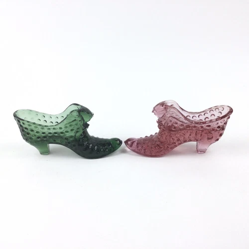 2 Fenton Green Pink Hobnail Daisy Button Glass Cat Head Shoes Slippers