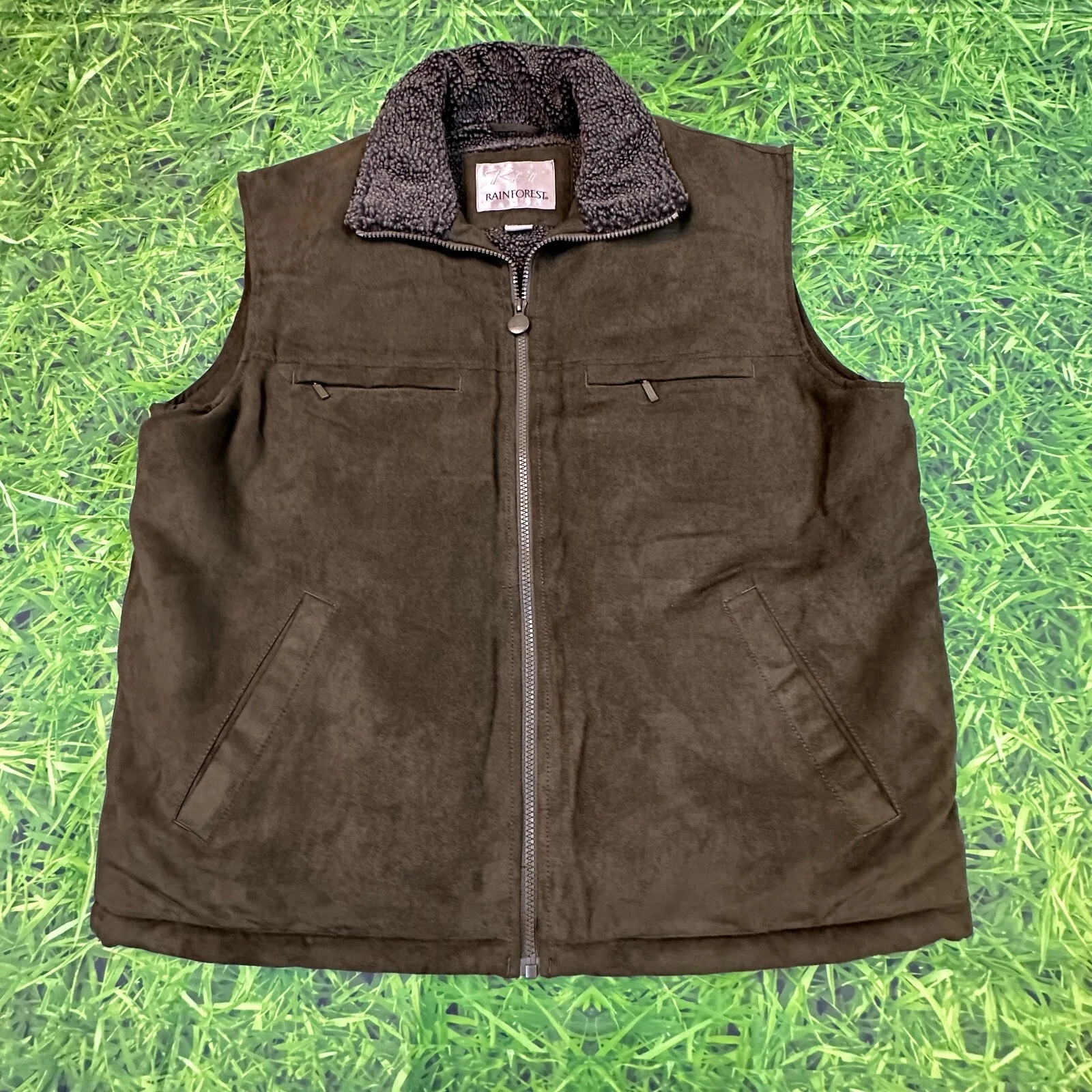 Rainforest Sherpa Lined Soft Vest Mens Large Olive Green Full Zip Secret Pockets
