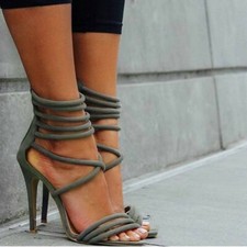 Khaki green stilettos high heels peep toes shoes strappy sandals