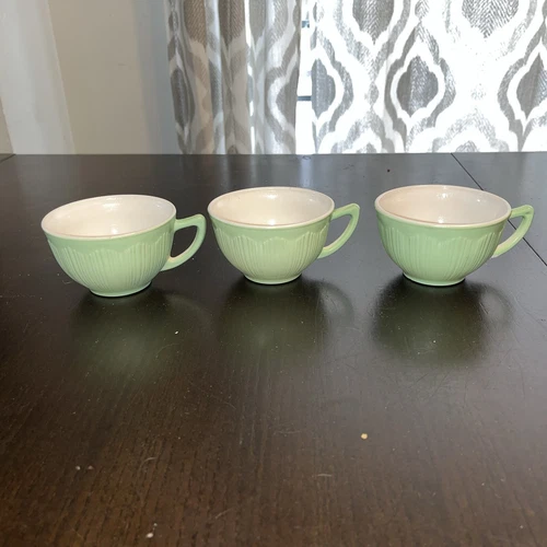 3 Macbeth Evans Petalware Cremax Tea Coffee Cups Green & White