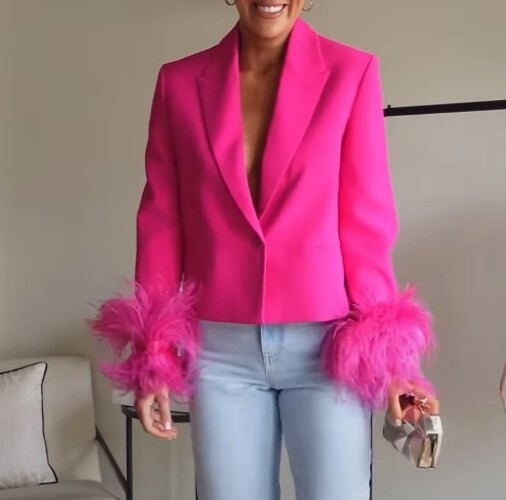 NEW ZARA AW23 FUCHSIA CROPPED BLAZER WITH FEATHERS 7602/484 BLAZER CORTA PLUMAS