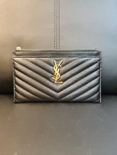 Saint Laurent YSL Monogram Small Ziptop Bill Pouch in Grained Leather Authentic