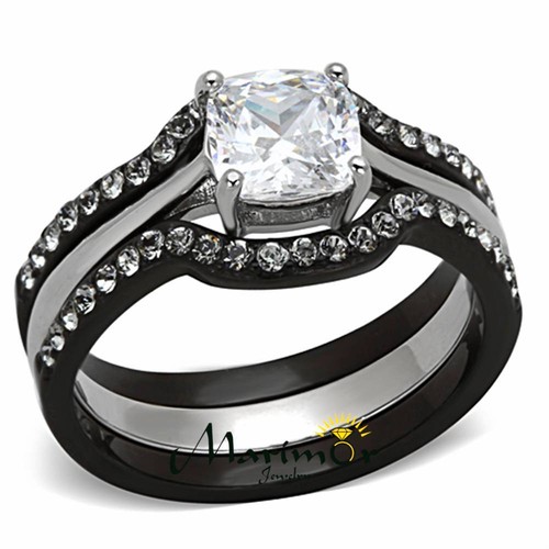 Anillo de compromiso de boda negro de acero inoxidable Hers & His 4 piezas y conjunto de bandas clásicas - Imagen 2 de 8