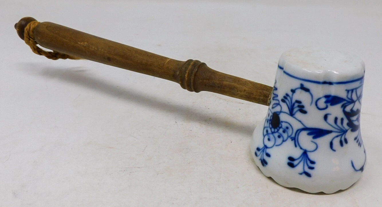Antique Blue Onion Meat Tenderizer Hammer Wood Handle Germany Meissen? Mallet