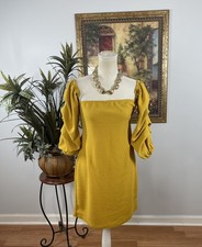 PrettyLittleThing Mustard Puff Sleeve Mini Dress Tie Back Textured US 12