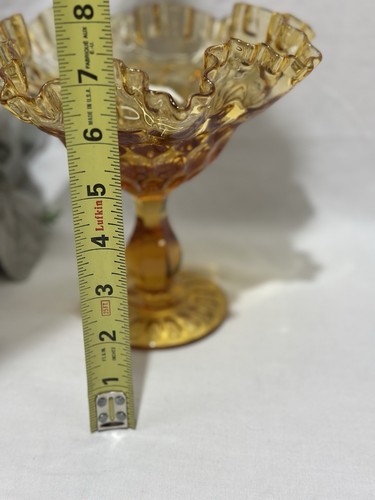 Vintage Fenton Amber Glass Pedestal Candy Dish Ruffled Edge Thumbprint T941 - Picture 7 of 8