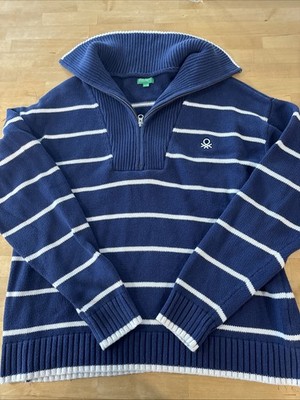 Men s XL United Colors of Benetton blue striped knit sweater with a quarter-zip