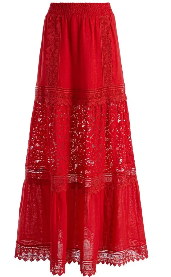 Alice and Olivia Reise Ruby Red Eyelet Tiered Maxi Skirt - size 4 - retail $550