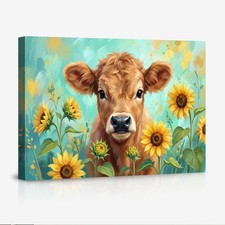 Cute Brown Calf Amid Sunflowers Canvas Poster Wall Art Farm Animal Decor