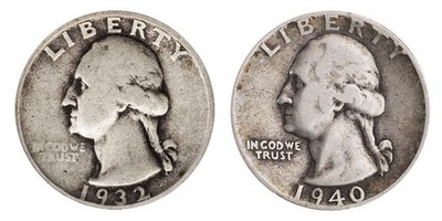 Count of 2 - 90% Silver Washington Quarters .50c Face Fine Random Date