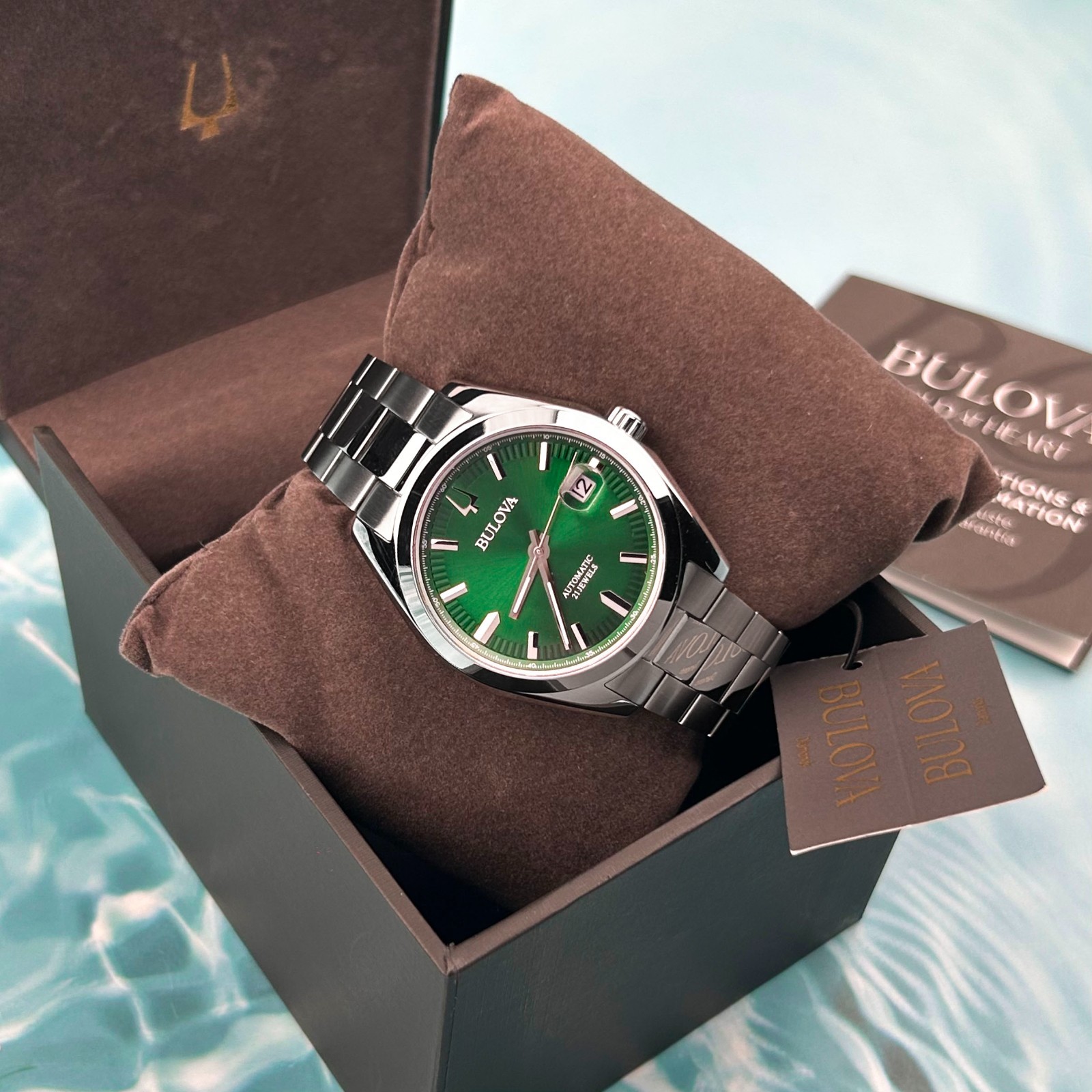 Bulova 96B429 Surveyor Automatic Green Dial Men's Stainless Steel Watch 39MM