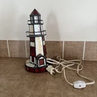 Vintage Stained Glass Lighthouse Table Lamp Red And White Tiffany Style 10” Tall