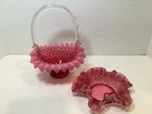 Fenton Cranberry Opalescent Hobnail Basket & Candy Dish Ruffled Edge