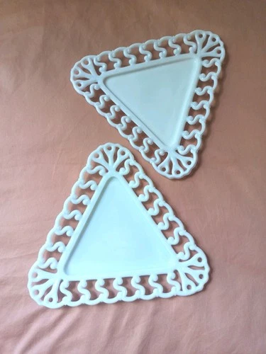 Set of 2 Vintage Westmoreland Milk Glass Triangle Open Lace Edge Plates