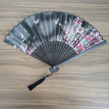 Japanese Silk Fan//Black Pink Lace Cloth Bamboo Sculpture Japanese Dance USED K