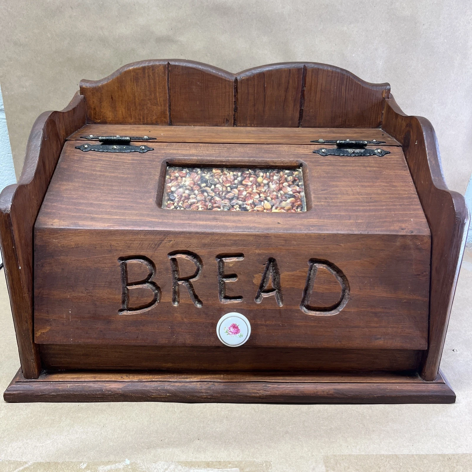 Vintage Handmade Carved Wood Bread Box Drop Lid Cottage Country Farmhouse