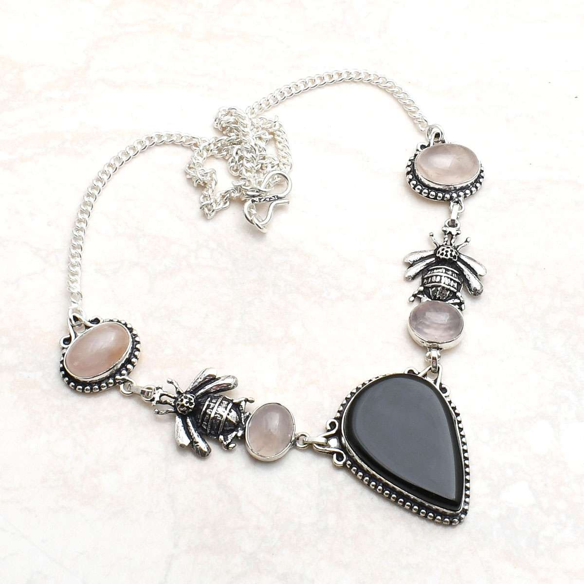 Black Onyx Rose Quartz Gemstone Ethnic Handmade Necklace Jewelry 28 Gms AN 68446