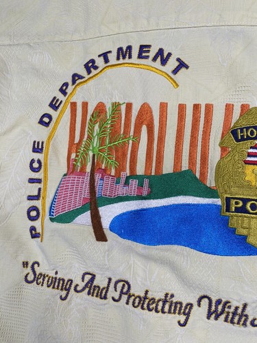 HONOLULU POLICE DEPT Shirt Men's L Hawaiian Aloha Button Silk Custom Yellow - Picture 9 of 12