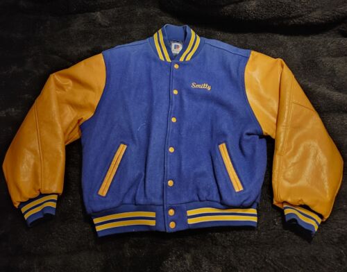 Vtg Bright Blue/Gold RENNOC Wool/Vegan Leather Varsity Letterman Jacket Sz 48 XL
