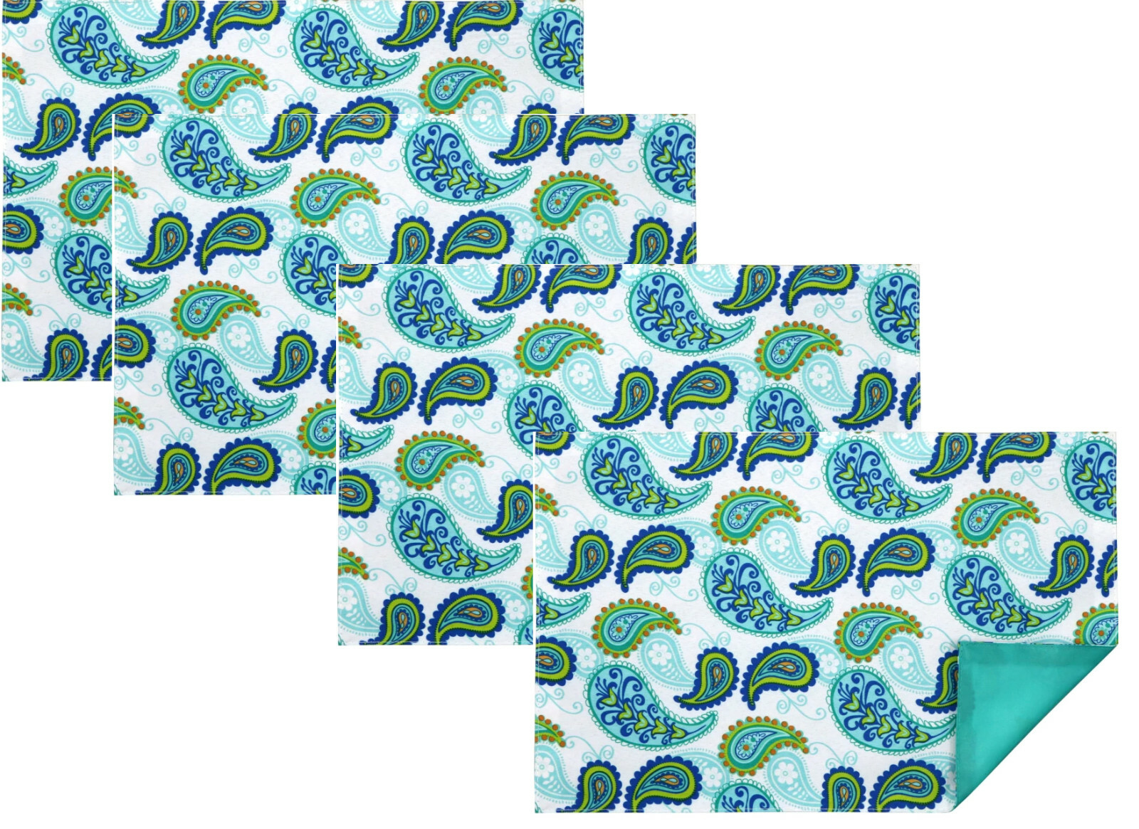 Set of 4 Fabric Placemats Blue Green Teal Paisley Floral Rectangle 12