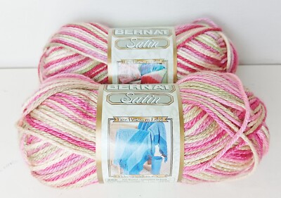 BERNAT Satin Yarn Faded Glory Pink Green Shades Lot 2 Skeins Acrylic