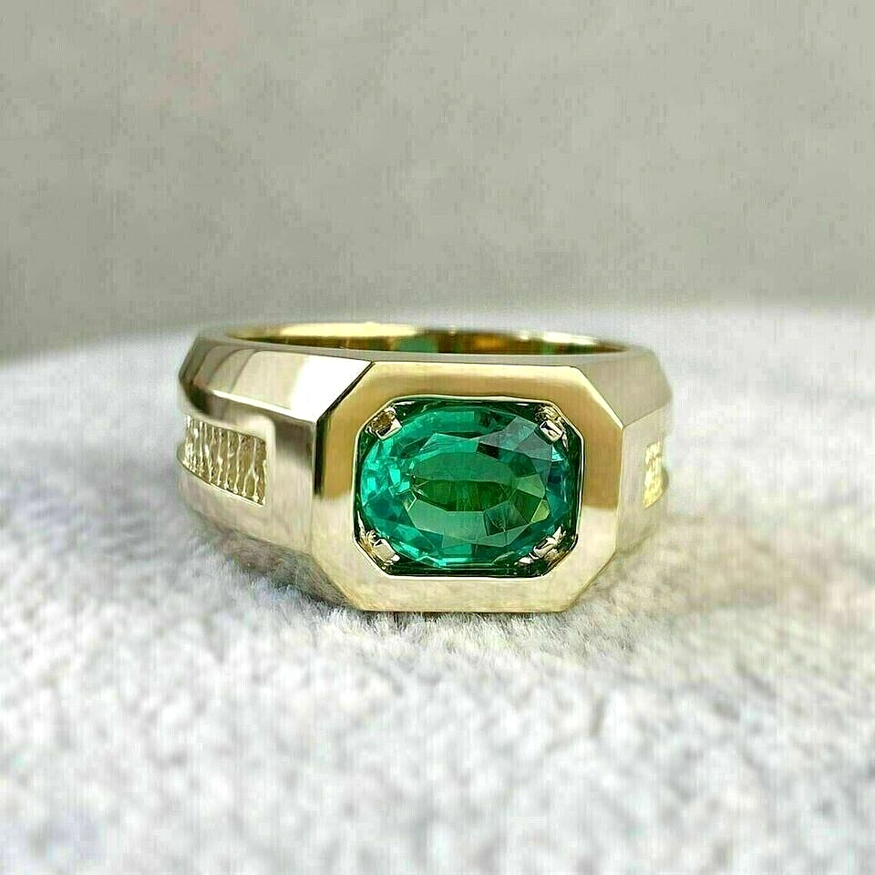 Men's 2 Ct Oval Cut Simulated Emerald Engagement Ring In 14K Yellow Gold Plated
