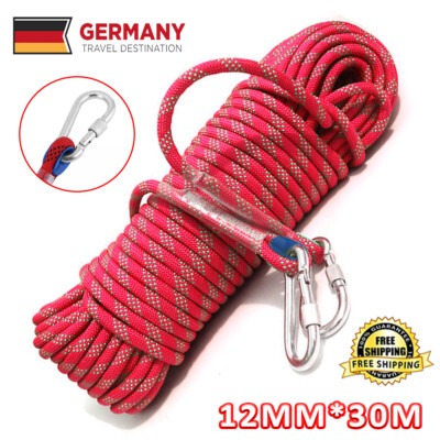 30M 12mm Kletterseil Sicherheitsseil mit Karabinerhaken Seil Sicherung Camp