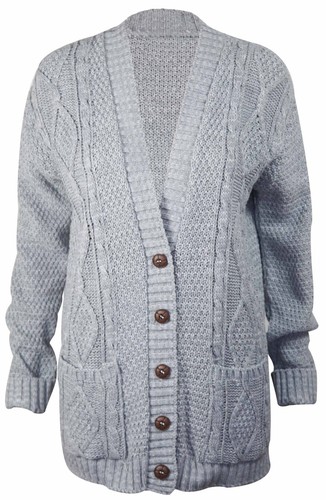 New Womens Long Sleeve Button Top Ladies Chunky Aran Cable Knit Grandad Cardigan - Picture 26 of 49