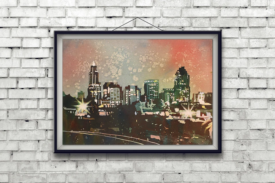 Skyline of downtown Raleigh NC at sunset. Colorful watercolor painting print - Image 2 of 4