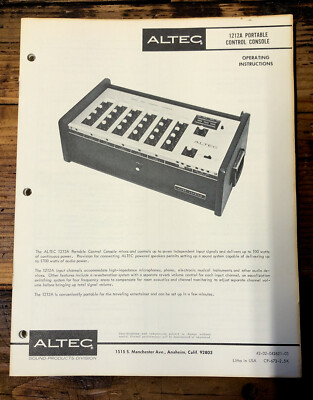Altec Model 1212A Console Owners Manual & Schematic *Orig* | eBay