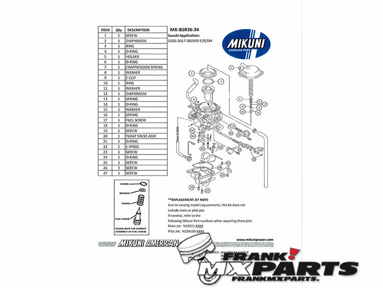 Kit Riparazione Mikuni BSR 36 Carburatore 00-17 Suzuki DRZ 400 S M Revisione ... - Immagine 2 di 3